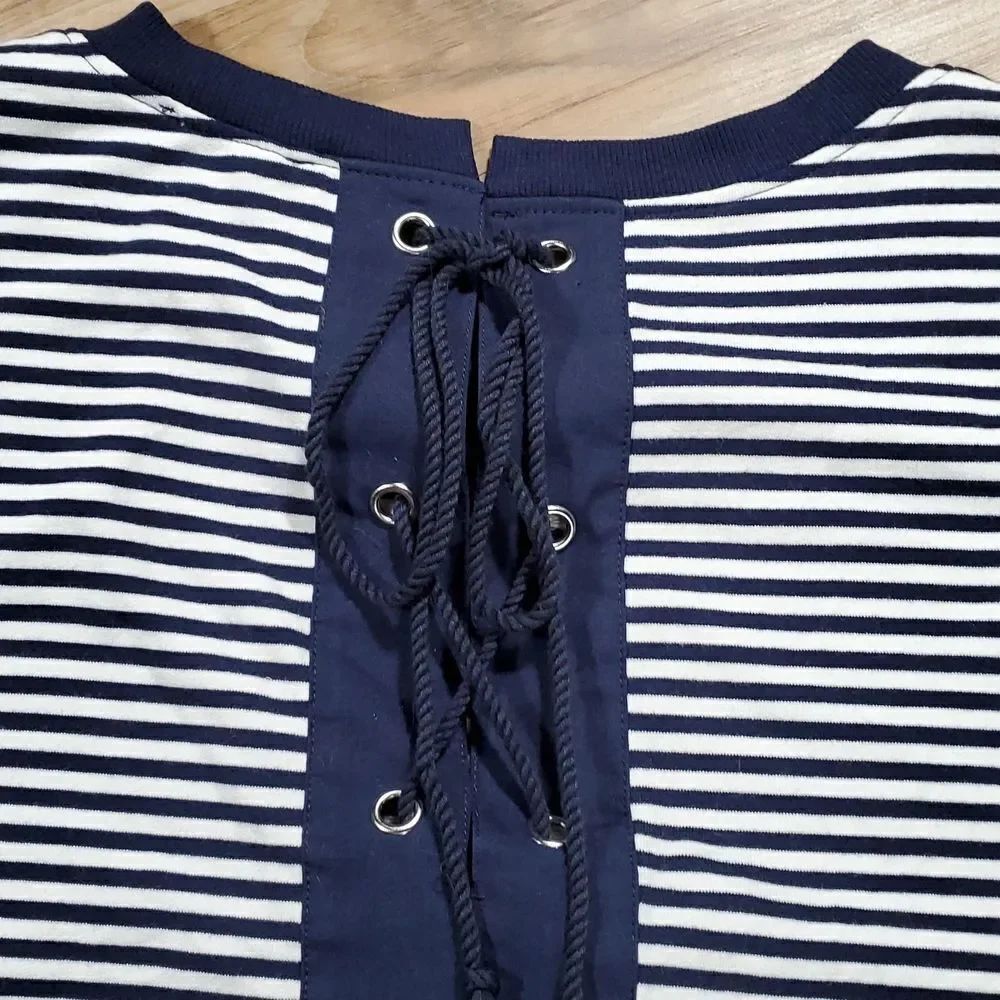 🔹️NWT Halogen Blue & White Striped Lace Up Long Sleeve Top Small - Picture 3 of 7